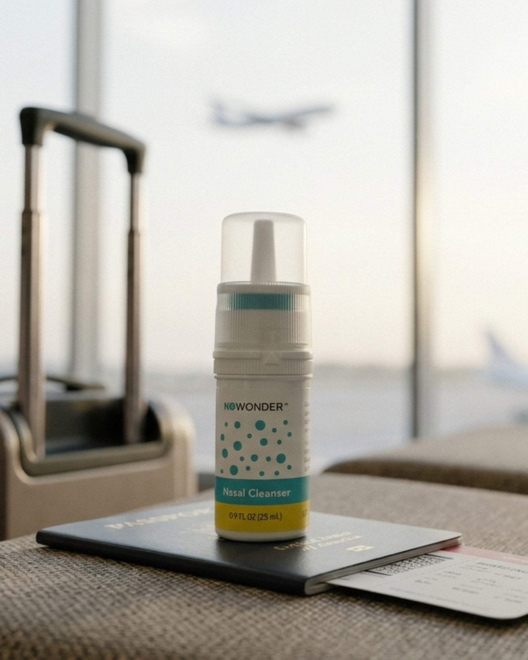 A bottle of NOWONDER Nasal Cleanser  sits on top of a travel document, with a blurred airport window, airplane, and suitcase handle in the background.